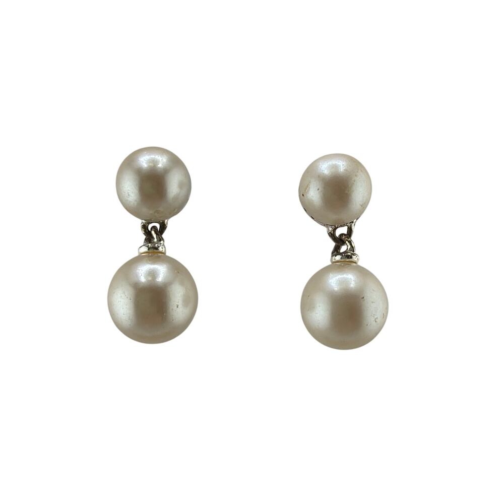 Vintage Carolee Double Faux Pearl Tiered Dangle Pierced Earrings